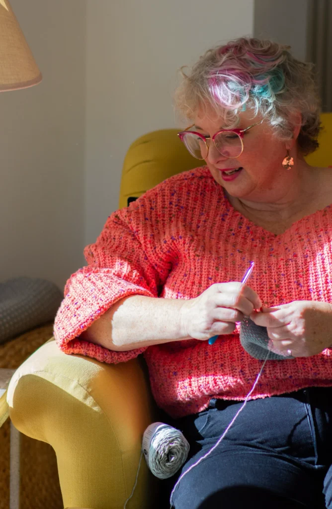 Tamsin crocheting